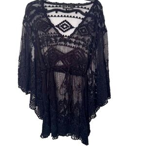 Lulu's Black Lace Beach Vacation drawstring waist Cover Up Top
